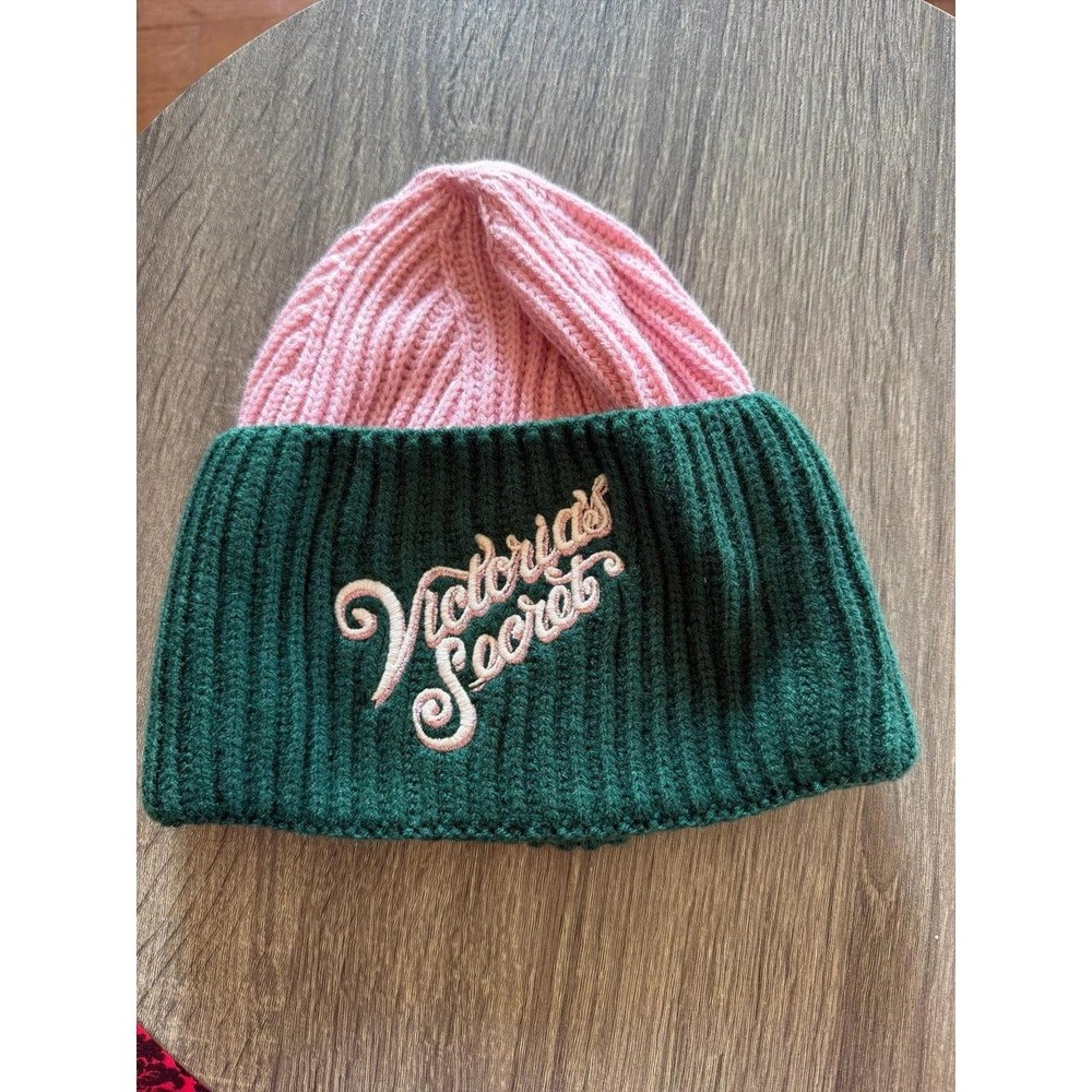 Victoria's Secret Pink Green Knit Beanie Hat Colorblock